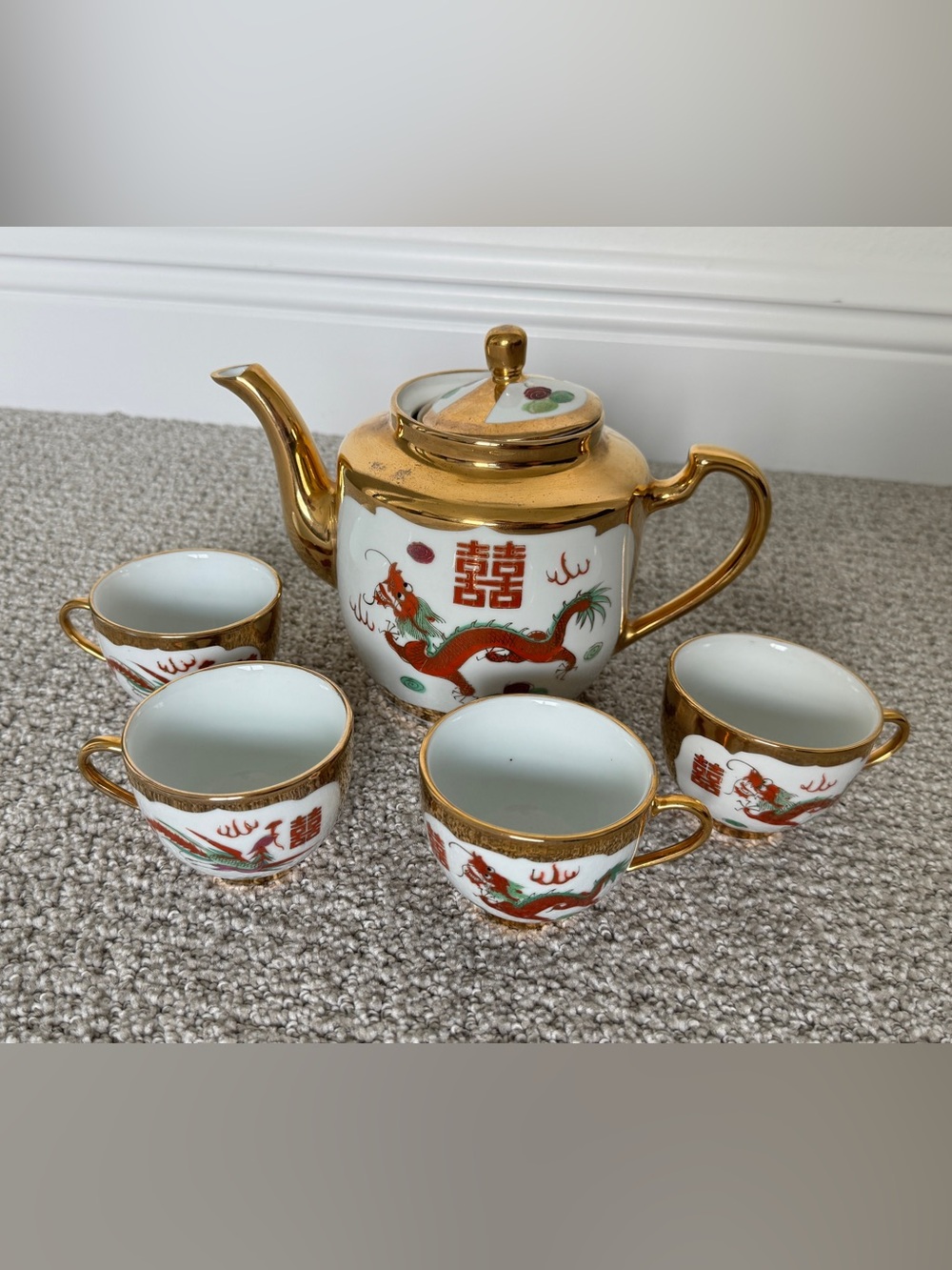 Gold-Trim Porcelain Dragon Tea Set